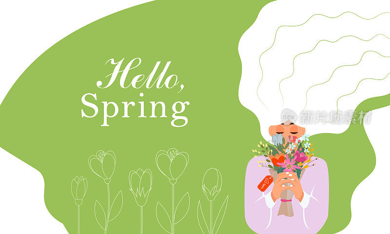 妇女节插画。带着花的女孩。平的风格。Lattering Hello spring